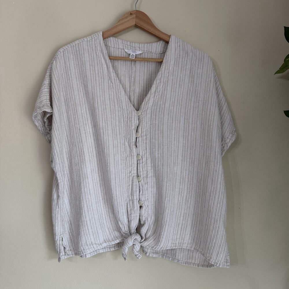 Linen Blend Coastal Striped Blouse XL Neutral Cottagecore Tie Front Top